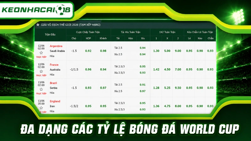 Tỷ lệ bóng đá World Cup đa dạng